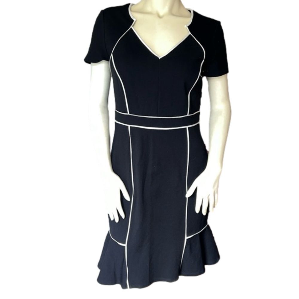 Nue By Shani Black/White V-Neck Piped Detail Tulip Hem Midi Dress. Size 8. - Picture 3 of 10